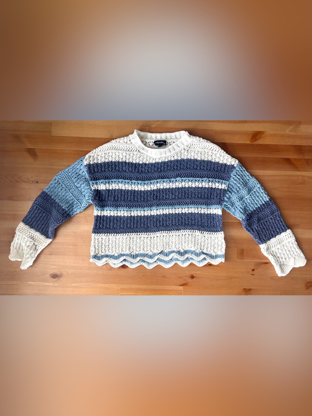 Originality Kids Blue & White Striped Crochet Sweater worn once
